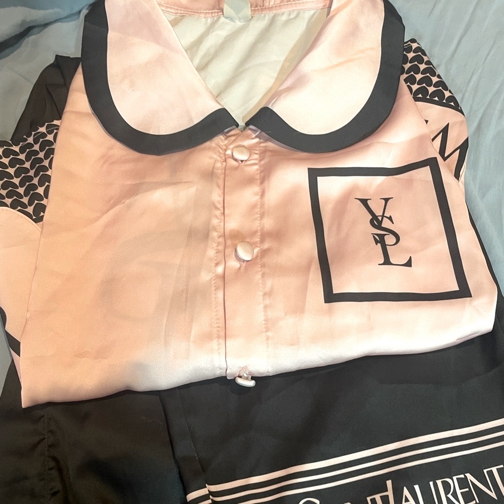 Satin  Black and Pink Logo Pajama Set
